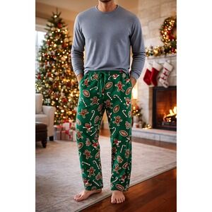 Croft & Barrow Men's Green Gingerbread Man Candy Cane Fleece Pajama Pants Size S